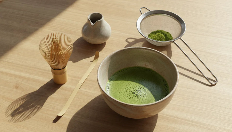 Matcha accessories including a bamboo whisk, tea scoop, sifter, and chawan
