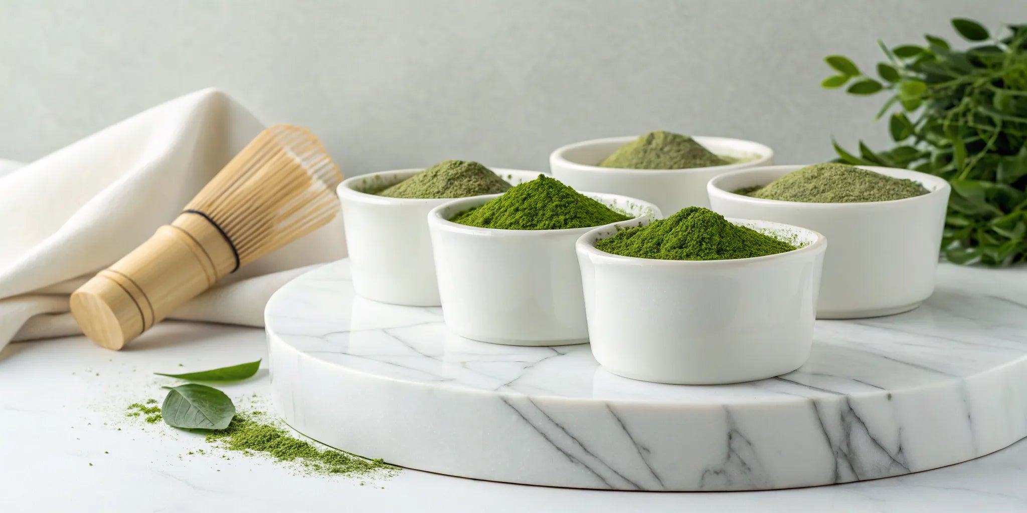 Vibrant green high-quality matcha powder in a bowl with a bamboo whisk.