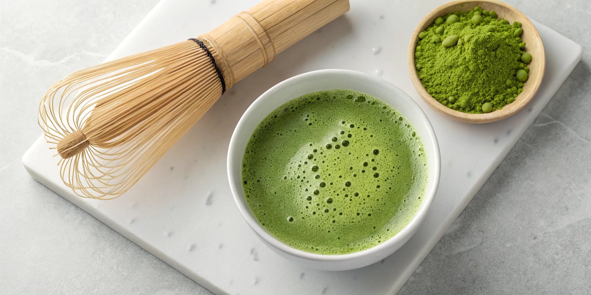 A bowl of Japanese matcha tea with a bamboo whisk, known for its many health benefits.