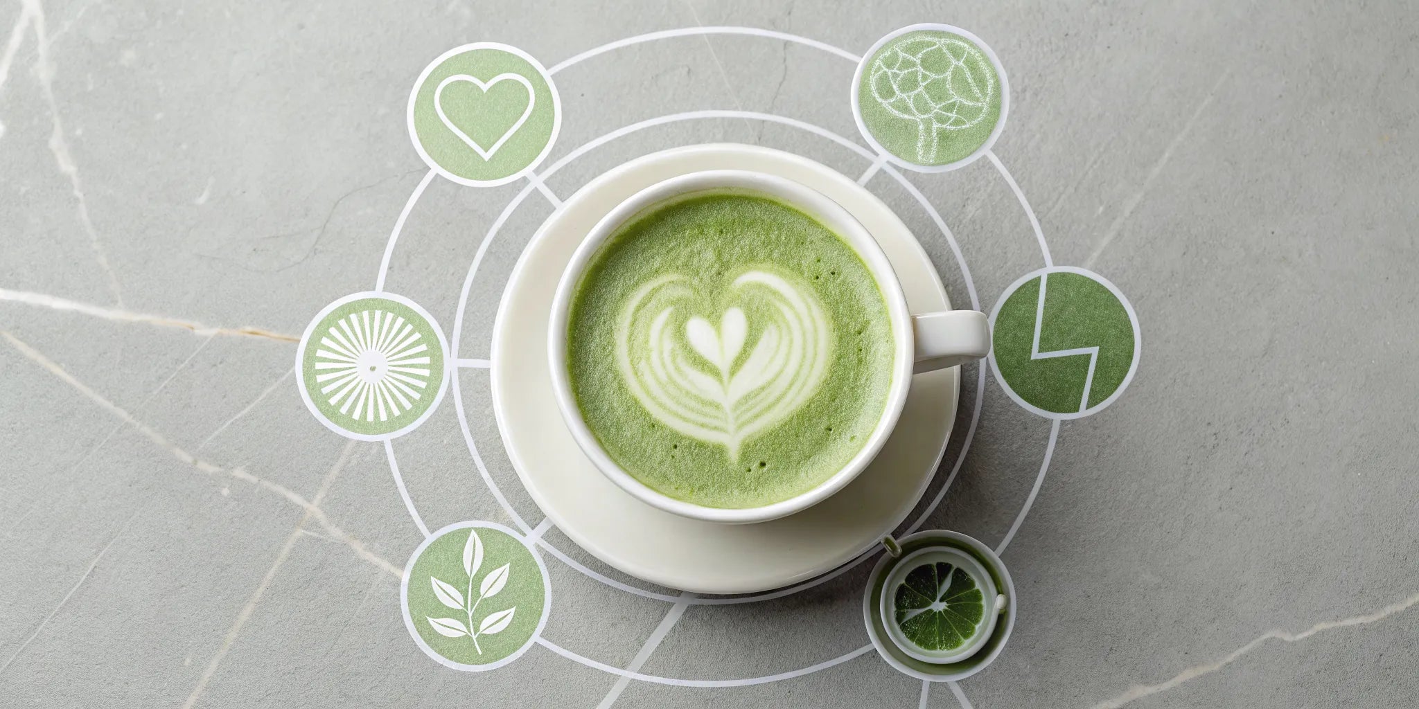 A warm matcha latte with heart-shaped art, a drink packed with health benefits.