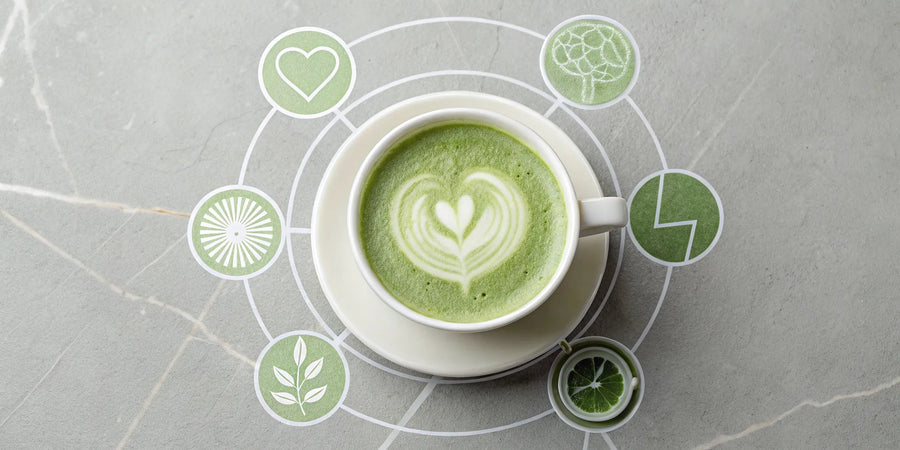 A warm matcha latte with heart-shaped art, a drink packed with health benefits.
