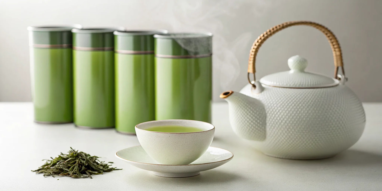 The best Japanese sencha green tea from top brands, shown in a cup with a teapot.