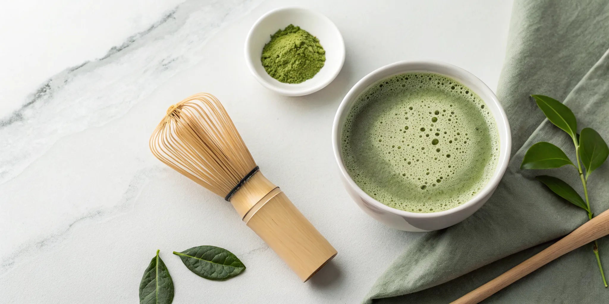 A bowl of matcha tea with a whisk and powder for the benefits of matcha for skin.