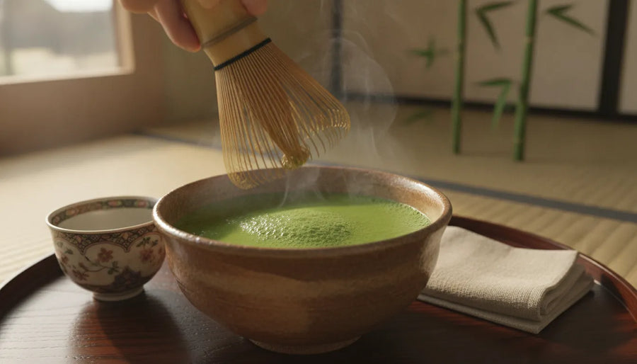 Vibrant green matcha latte being whisked with a bamboo whisk in a ceramic bowl