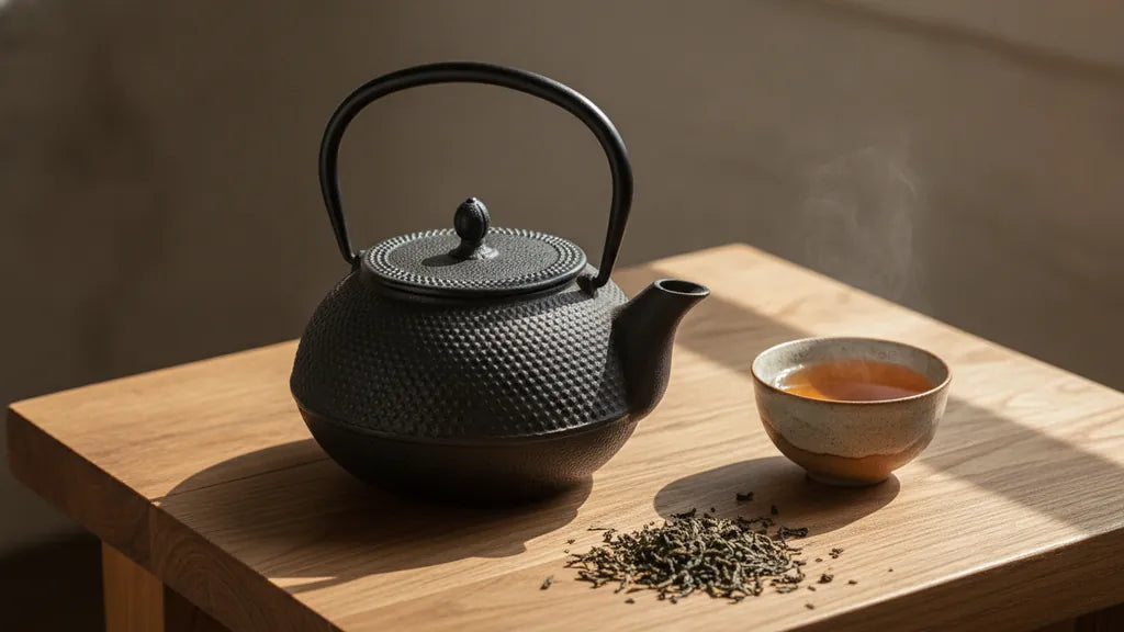 Cast iron teapot with Japanese green tea on a wooden tea table