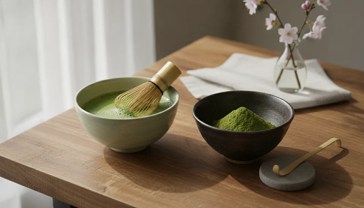 Two bowls comparing ceremonial and culinary matcha