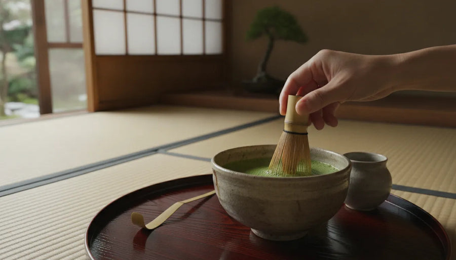 Traditional Japanese matcha being whisked in a ceramic bowl with a bamboo whisk