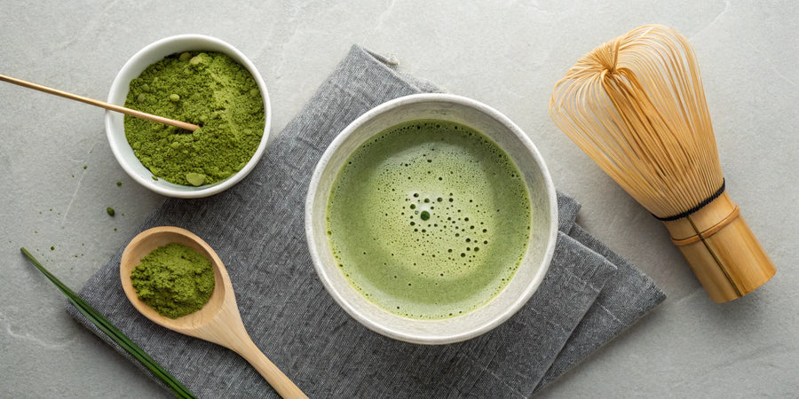 A complete matcha kit with a bamboo whisk, bowl, and matcha powder.