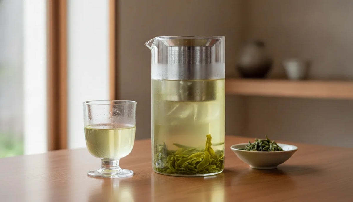 Japanese cold brew green tea in a glass pitcher