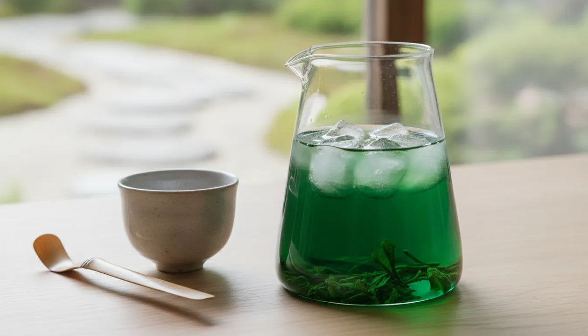 Cold brew gyokuro served in a clear glass carafe