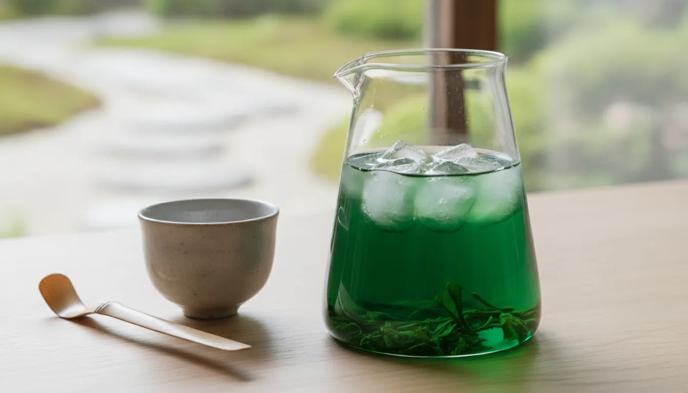 Cold brew gyokuro served in a clear glass carafe