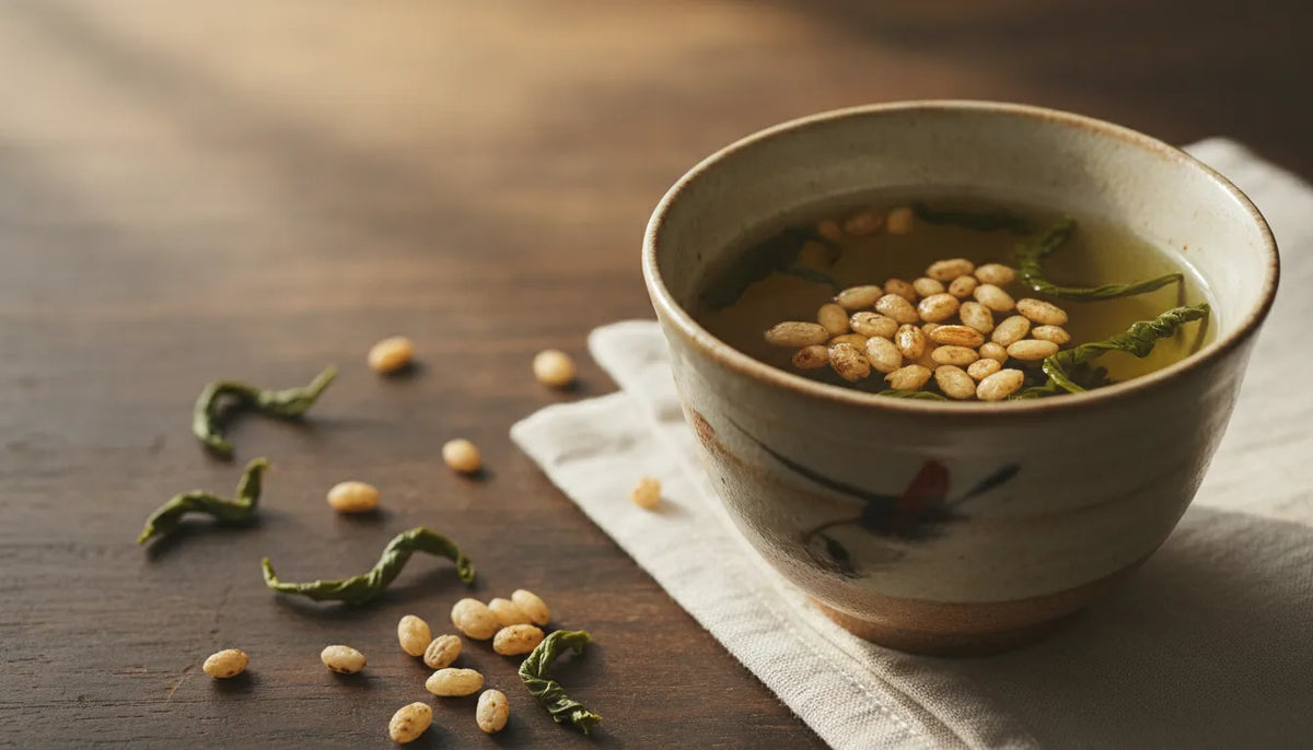 Cup of genmaicha with toasted brown rice and green tea leaves