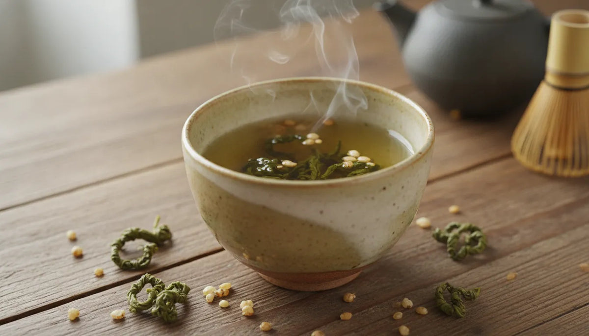 A warm ceramic cup of genmaicha green tea with steam rising, surrounded by green tea leaves and toasted popped brown rice on a wooden surface
