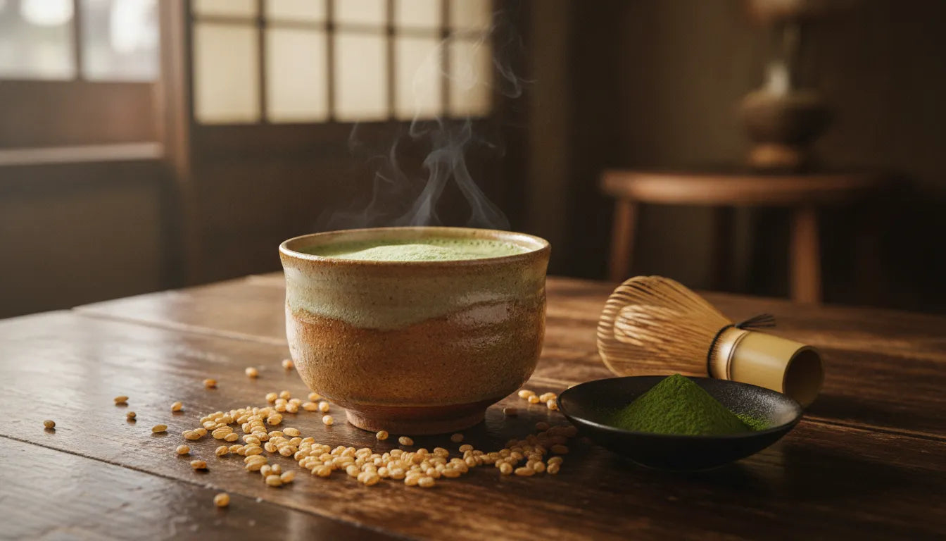 A warm ceramic cup of genmaicha matcha iri green tea on a wooden table with roasted brown rice and matcha powder nearby