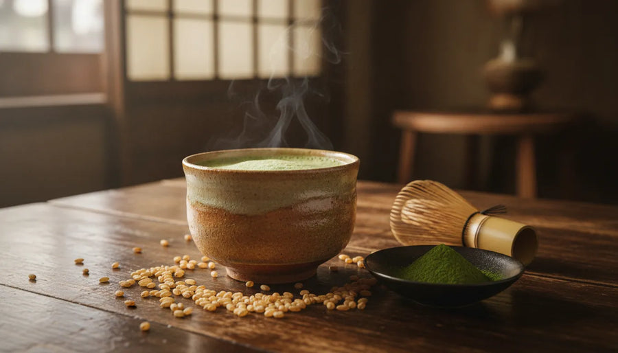 A warm ceramic cup of genmaicha matcha iri green tea on a wooden table with roasted brown rice and matcha powder nearby