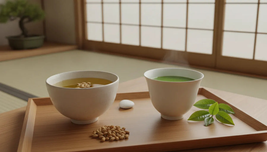 Cups of Genmaicha and Sencha green tea side by side on a wooden tray