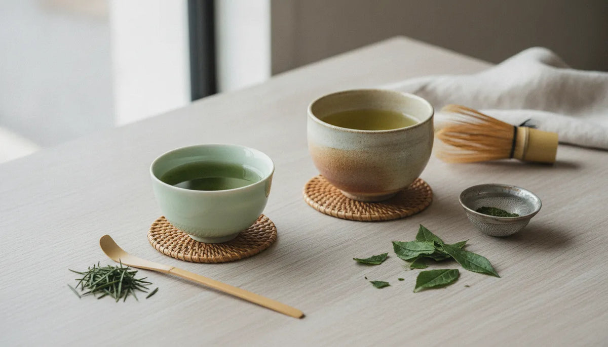 Gyokuro and sencha Japanese green tea cups with loose leaves