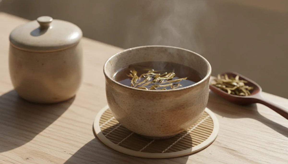A ceramic cup of amber hojicha beside roasted tea leaves