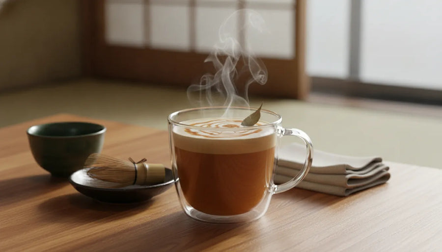 Steaming cup of hojicha latte in a glass mug with creamy foam