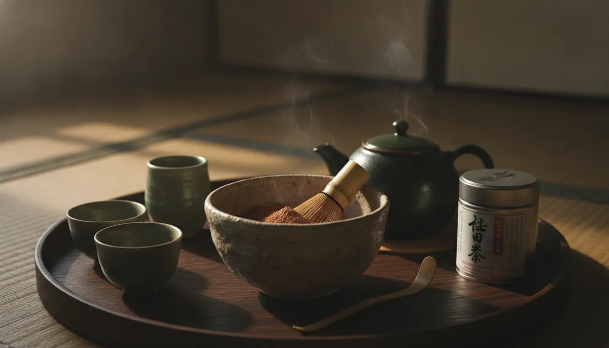 Premium Japanese roasted green tea hojicha powder in a traditional ceramic bowl with accessories
