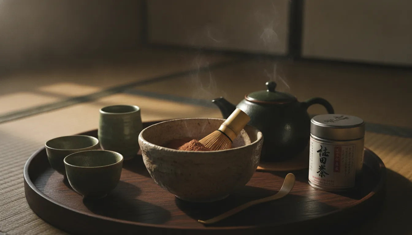 Premium Japanese roasted green tea hojicha powder in a traditional ceramic bowl with accessories