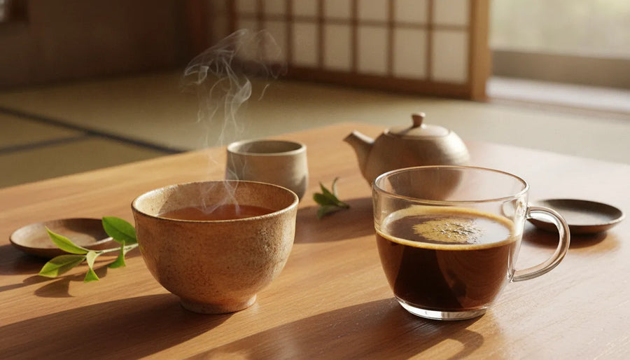 A warm cup of amber hojicha tea beside a glass of coffee on a wooden table