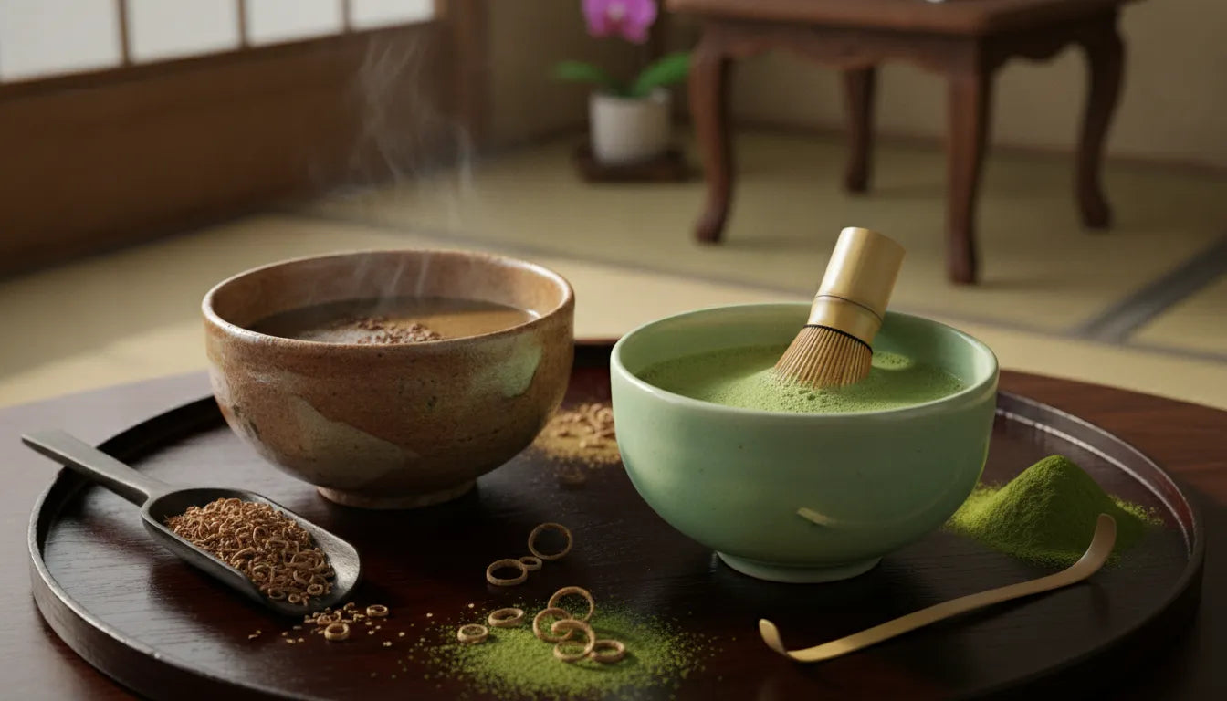 Hojicha and matcha prepared side by side for a Japanese tea ritual
