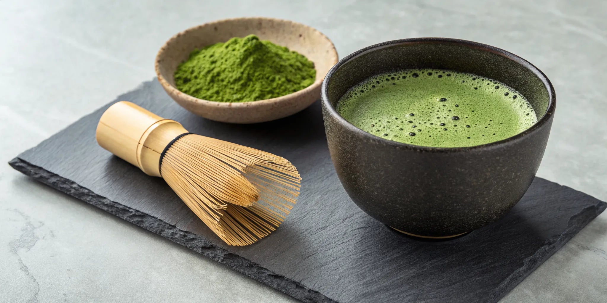 A bowl of matcha tea with a bamboo whisk for a hojicha vs matcha comparison.