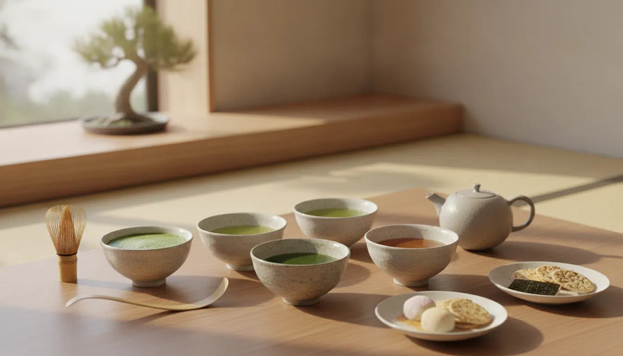 Japanese tea tasting table with four cups of green tea, bamboo whisk, teapot, and food pairings