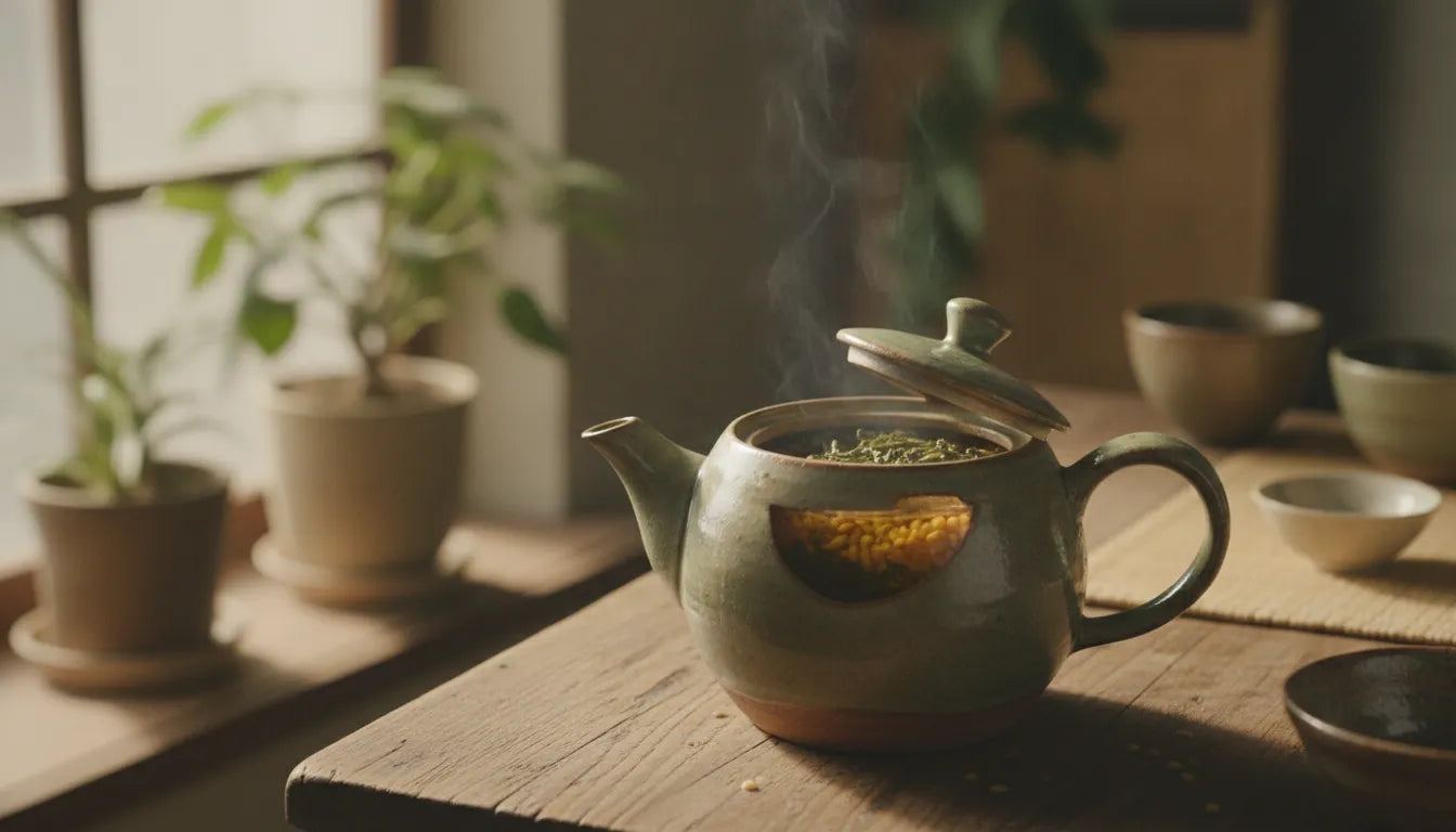 Genmaicha brewing in a traditional Japanese kyusu