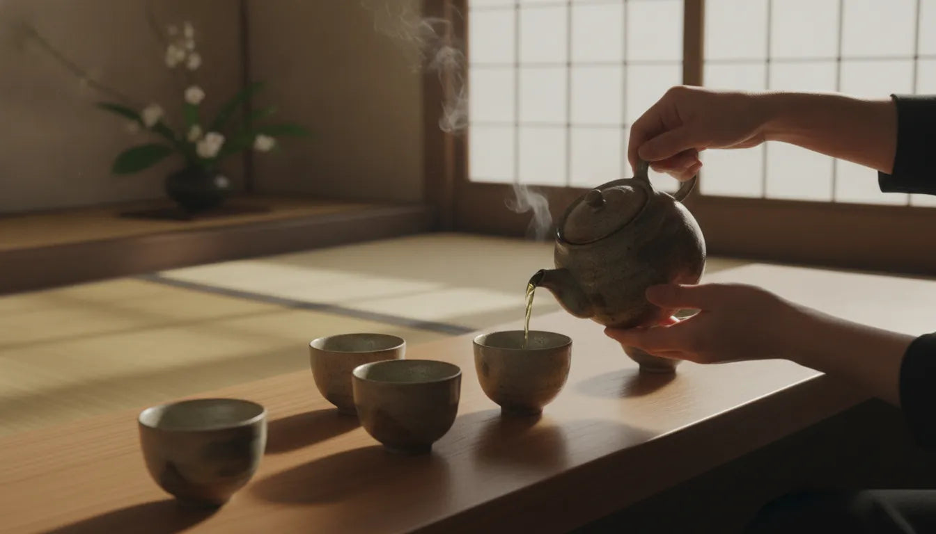 Ceramic kyusu teapot and small yunomi cups with gyokuro green tea being poured in a serene Japanese tea setting