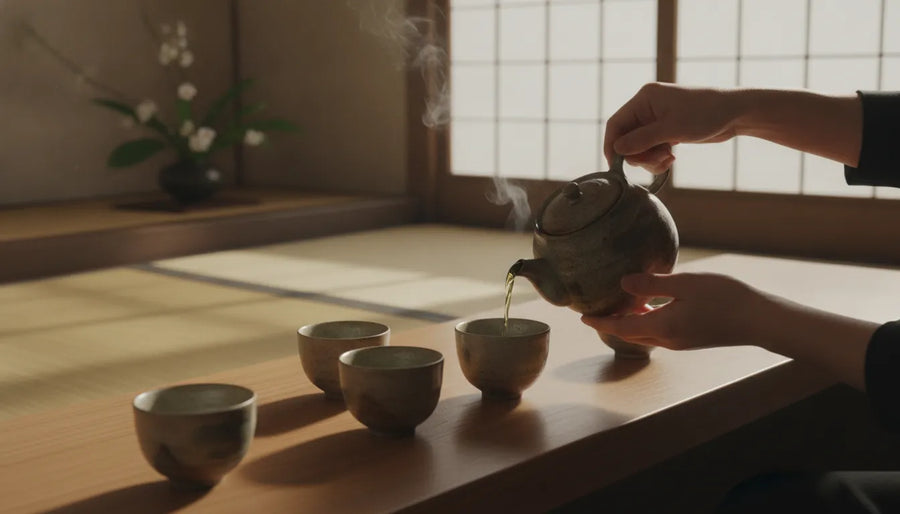 Ceramic kyusu teapot and small yunomi cups with gyokuro green tea being poured in a serene Japanese tea setting