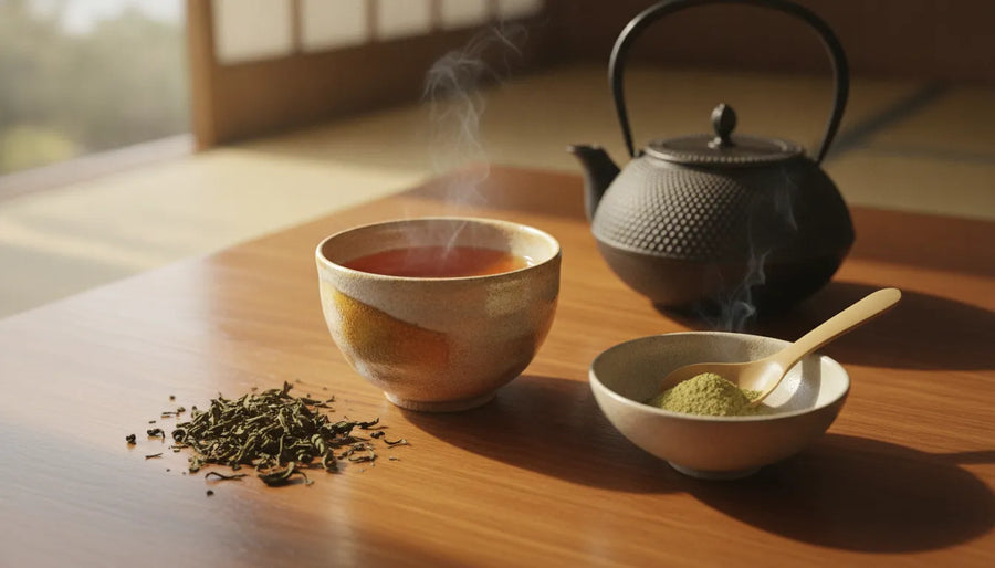 Japanese hojicha brewing ritual with loose leaves and hojicha powder