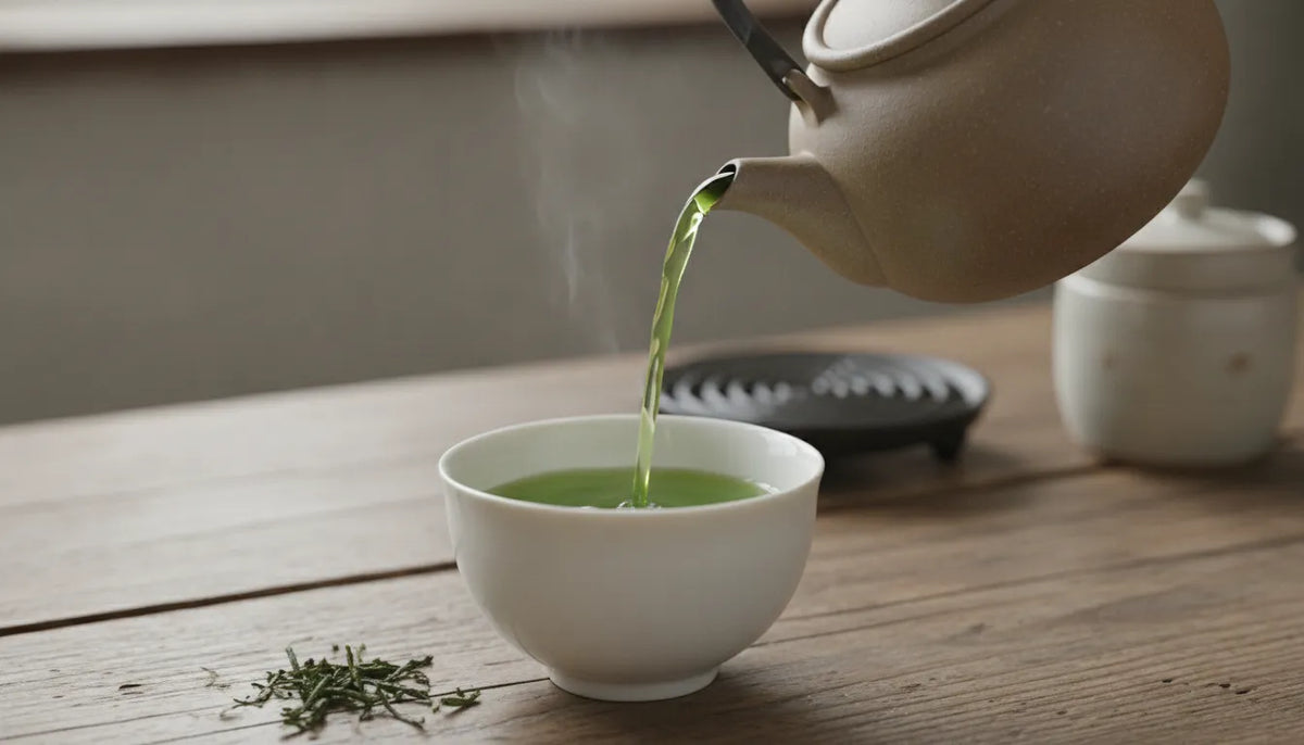 A traditional Japanese kyusu teapot pouring steaming bright green sencha green tea into a minimalist ceramic cup