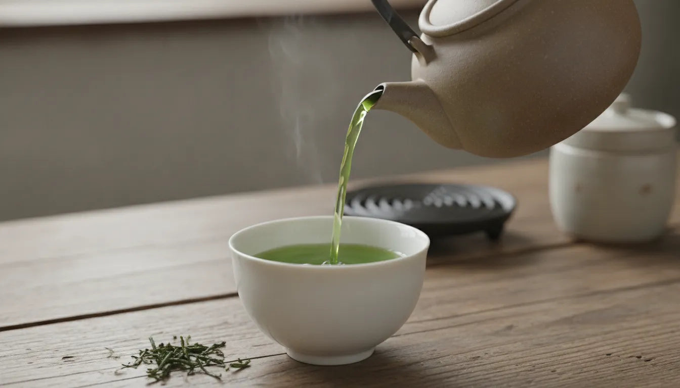 A traditional Japanese kyusu teapot pouring steaming bright green sencha green tea into a minimalist ceramic cup