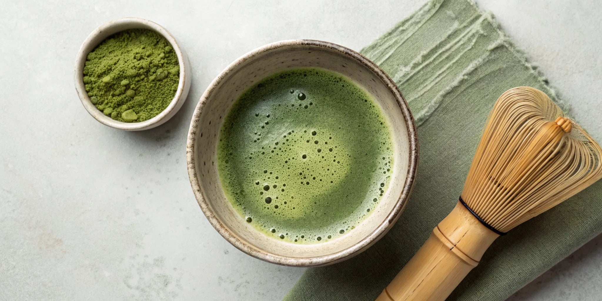 A matcha bowl with frothy green tea and a bamboo whisk, highlighting what to look for when choosing a bowl.