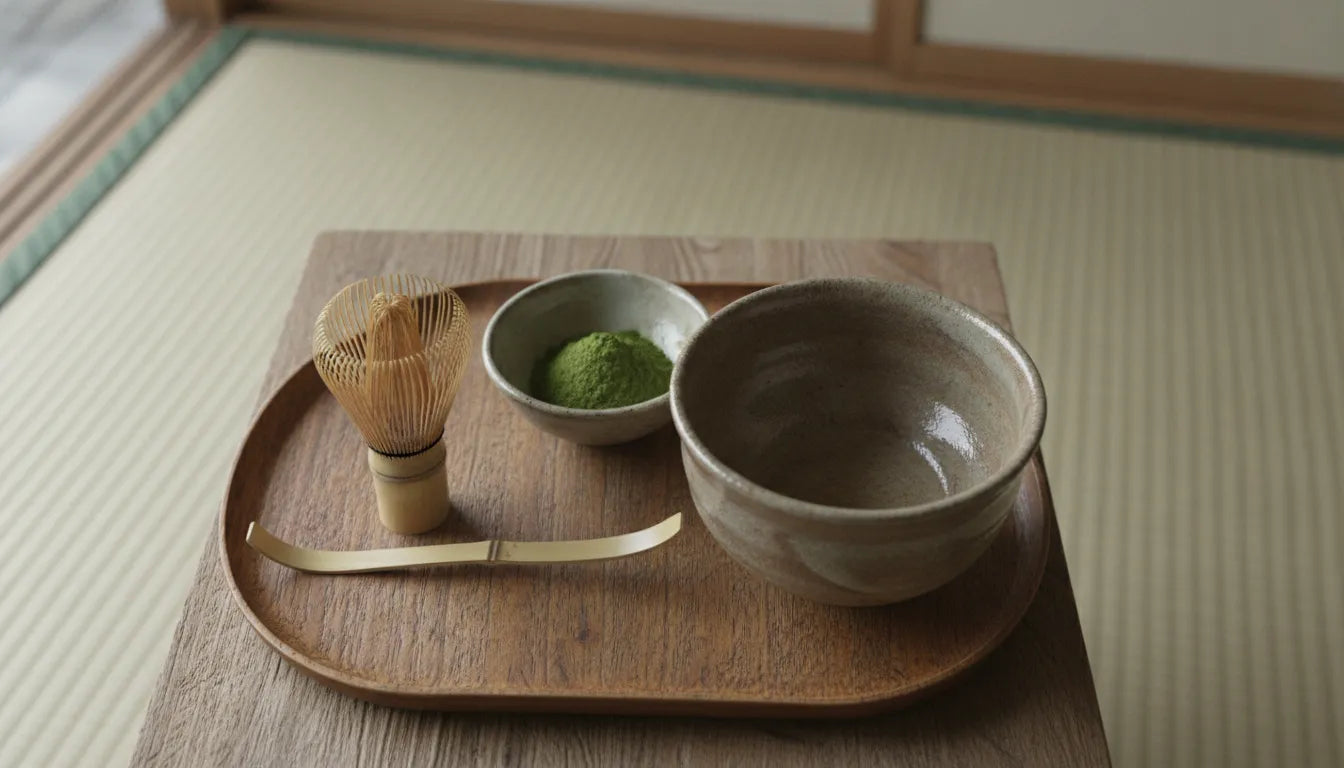 Handcrafted bamboo matcha whisk beside a bowl of matcha powder