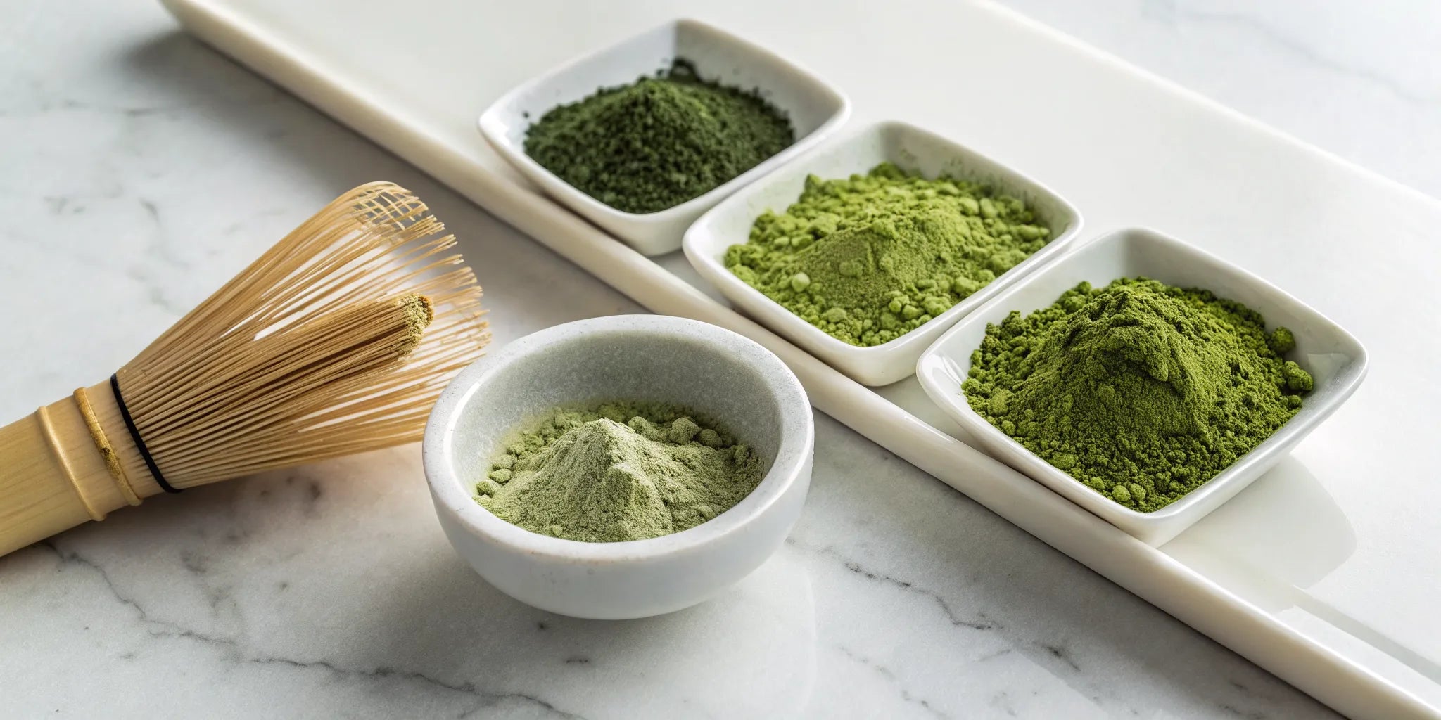Comparing shades of high-quality matcha powder in bowls with a traditional bamboo whisk.