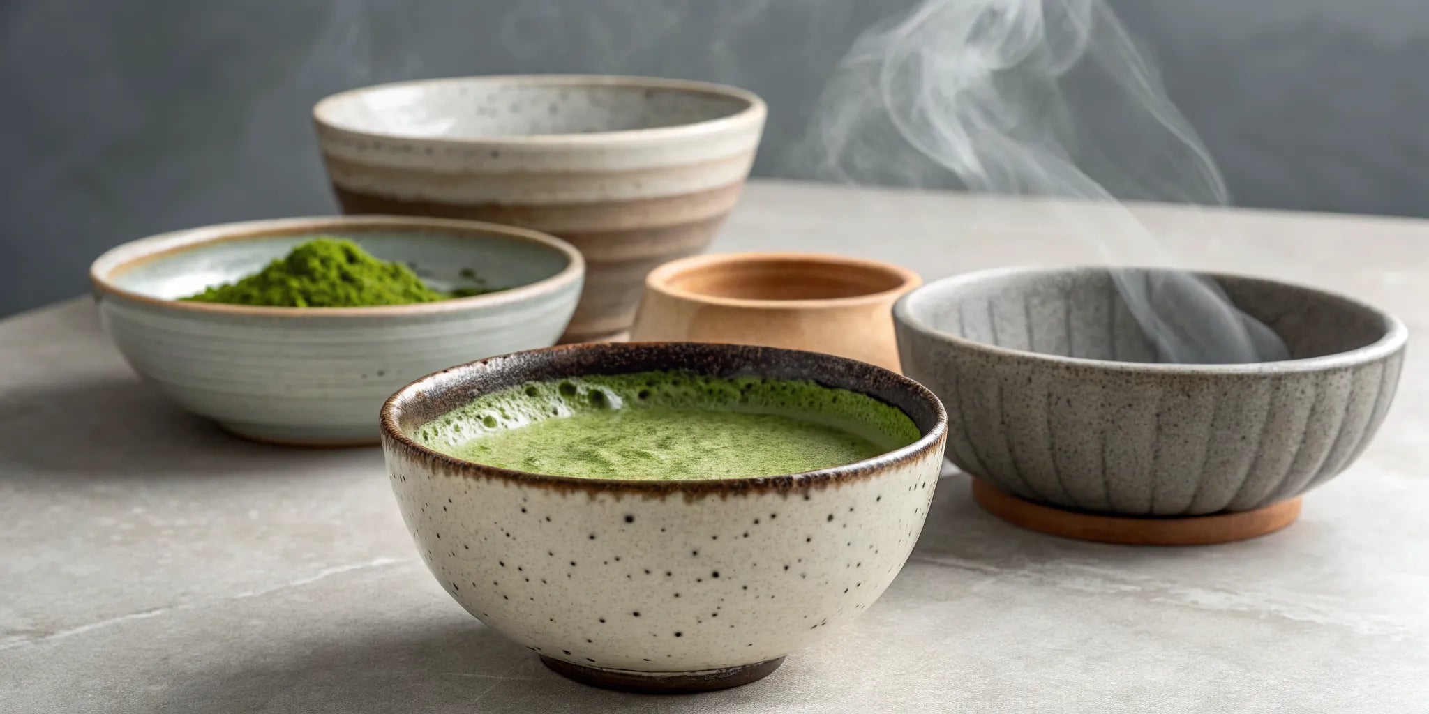 A complete matcha bowl set with a ceramic bowl of frothy green tea and a traditional bamboo whisk.