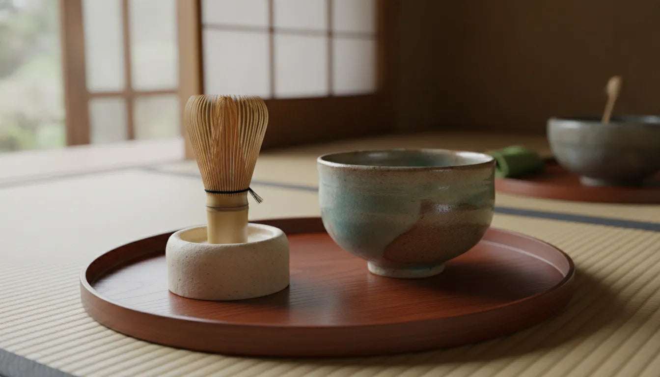 Bamboo matcha whisk drying beside a ceramic tea bowl