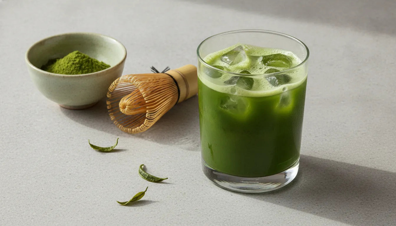 A bright glass of cold brew matcha with ice cubes on a light stone table