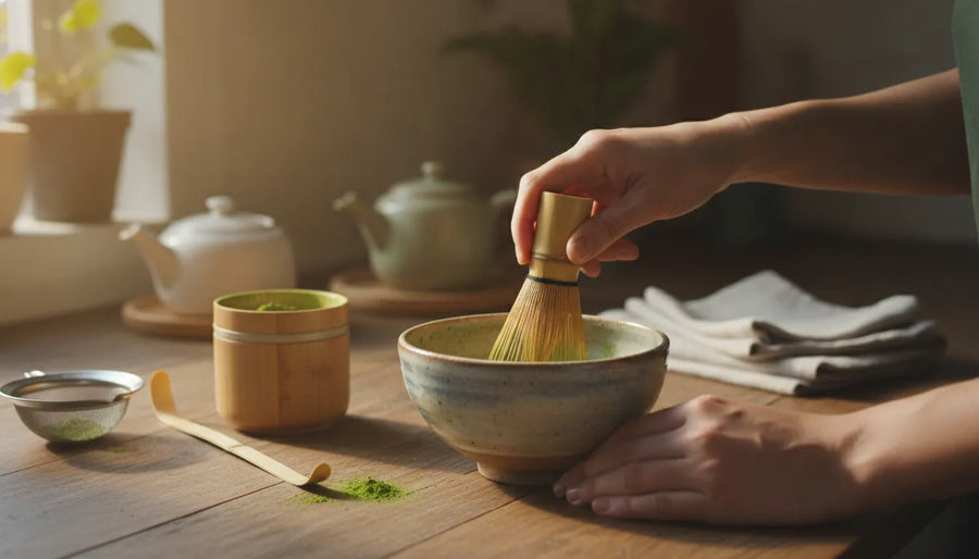 Whisking vibrant green matcha in a ceramic bowl with a bamboo whisk