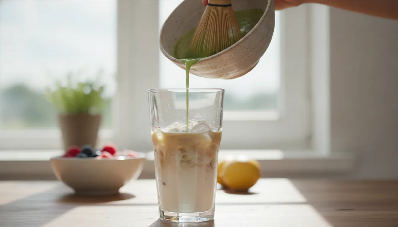Whisking matcha into a foam, then pouring it over ice into a tall glass for a refreshing iced matcha