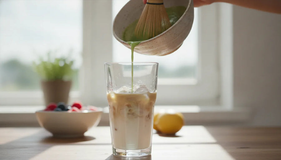 Whisking matcha into a foam, then pouring it over ice into a tall glass for a refreshing iced matcha