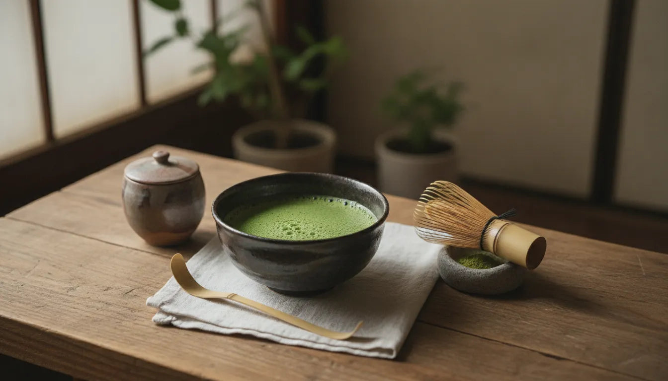 Traditional Japanese matcha preparation with bamboo whisk and bowl