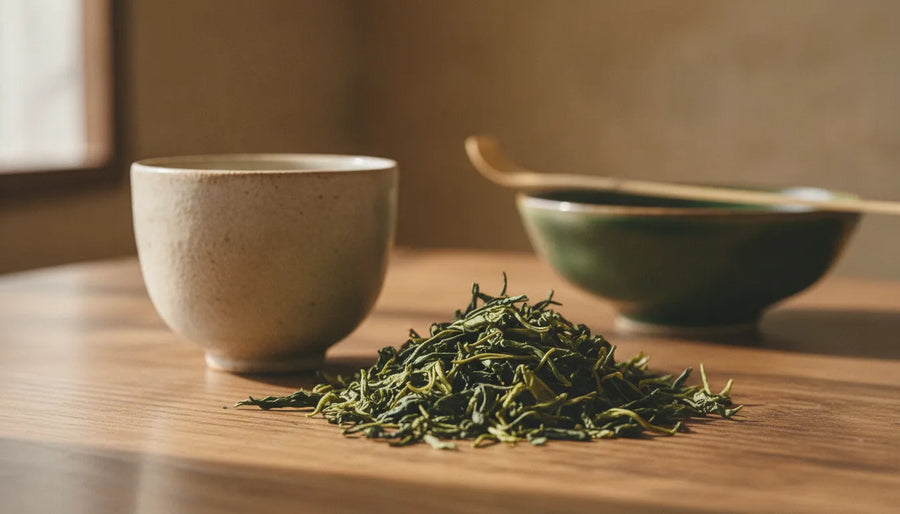 Loose Japanese green tea leaves beside a ceramic teacup