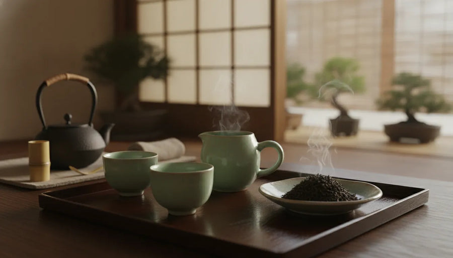 Small ceramic vessel and cups prepared for serving gyokuro