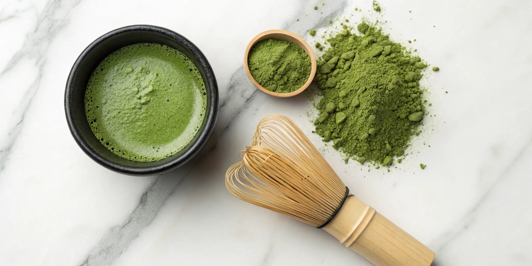 High-quality matcha powder, a traditional bamboo whisk, and vibrant green matcha tea.