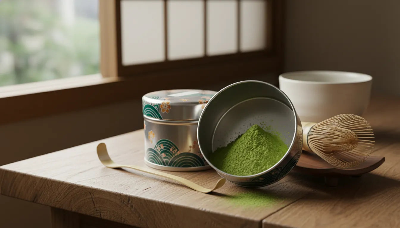 Ceremonial matcha powder in an airtight tea tin beside a bamboo whisk