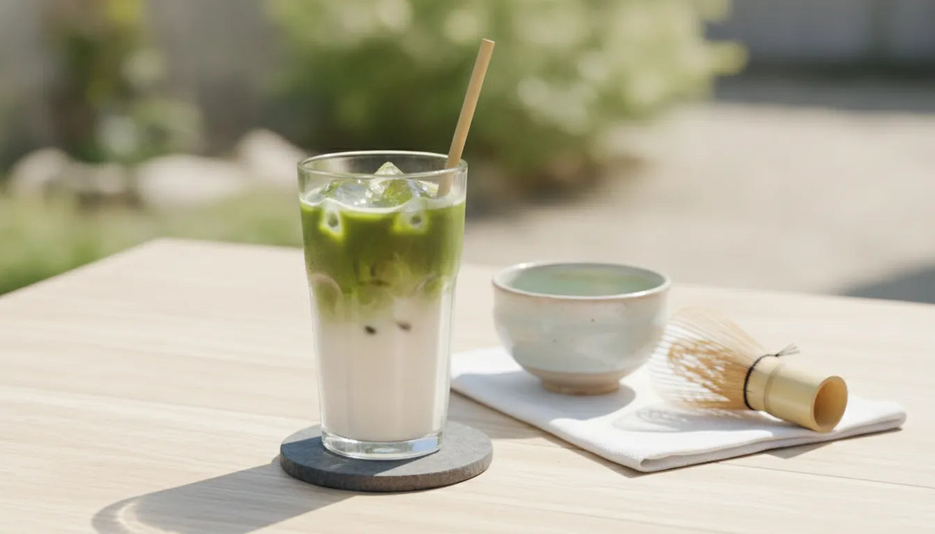 Iced matcha latte in a glass with bamboo whisk and ceramic cup on wooden table
